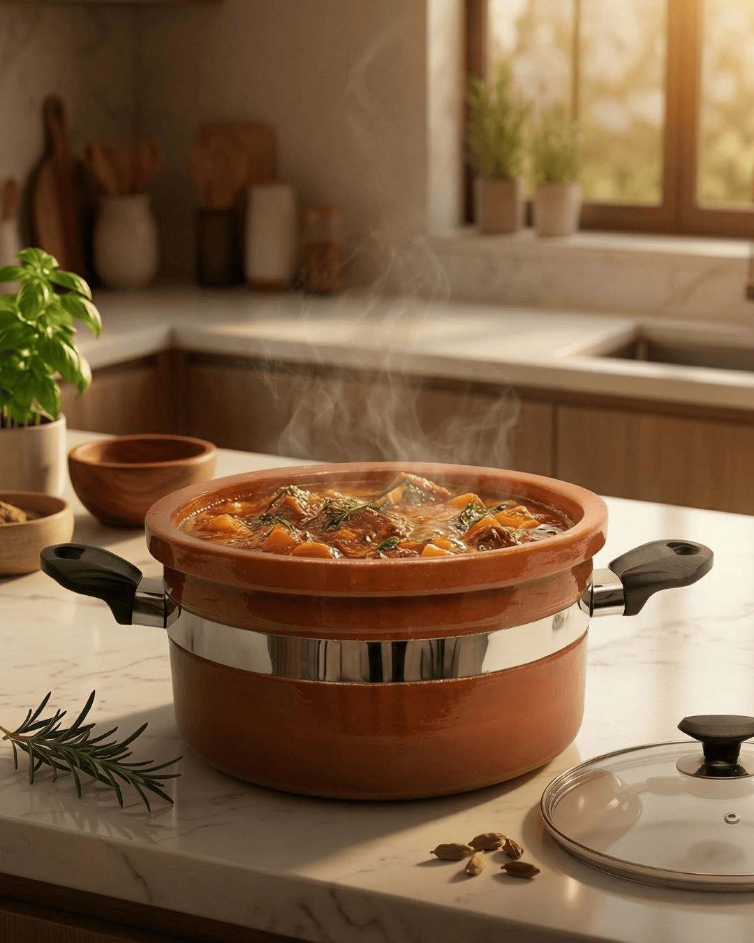 Stovetop pot with food on a kitchen counter, steam rising