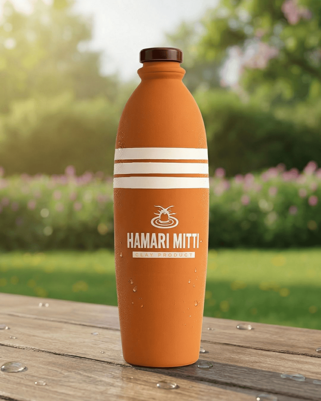 Orange water bottle with white stripes and 'HAMARI MITTI' branding on a wooden surface with a blurred natural background.