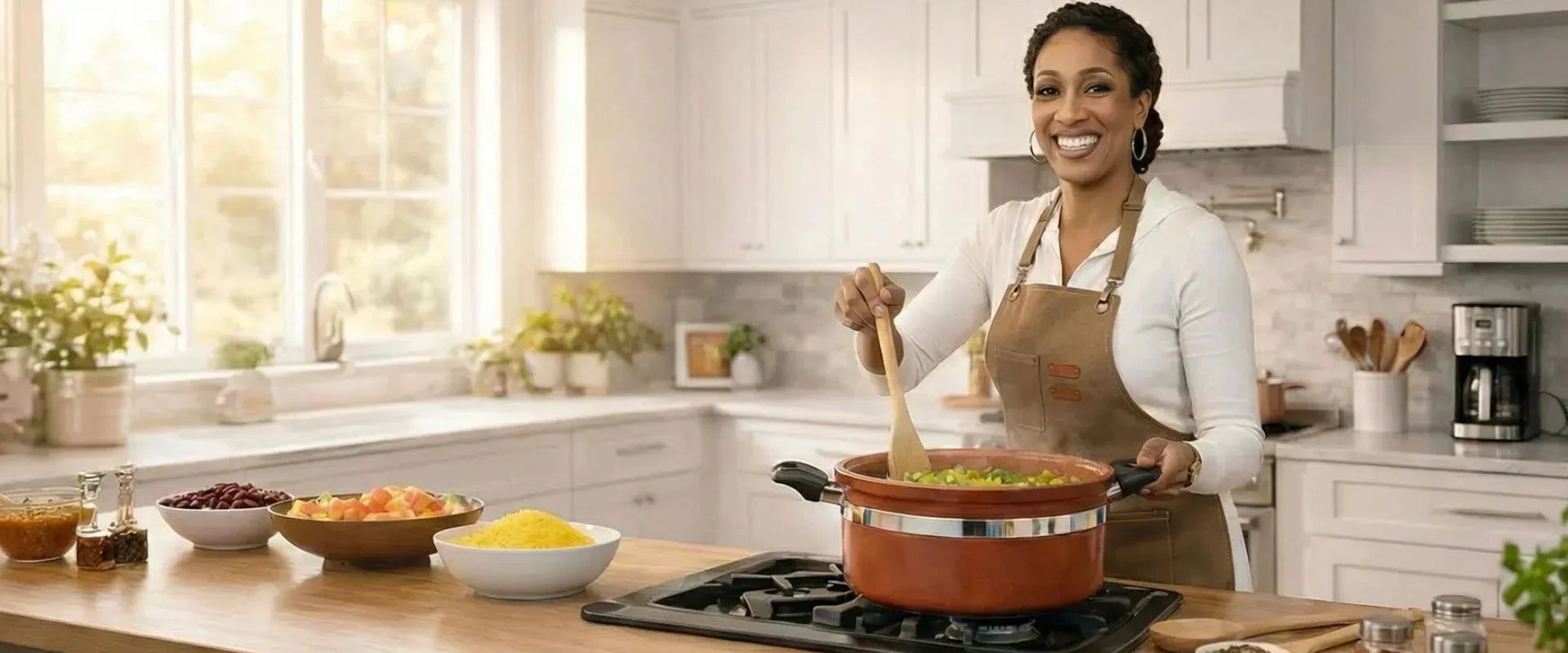Woman cooking in a kitchen with a pot on the stove