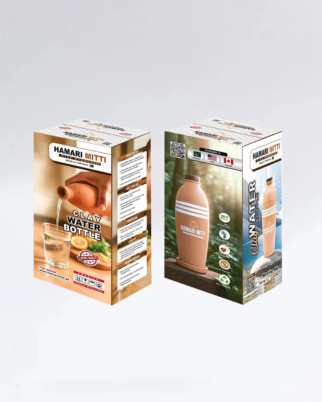 Two boxes of Hamari Mitti clay water bottles on a white background