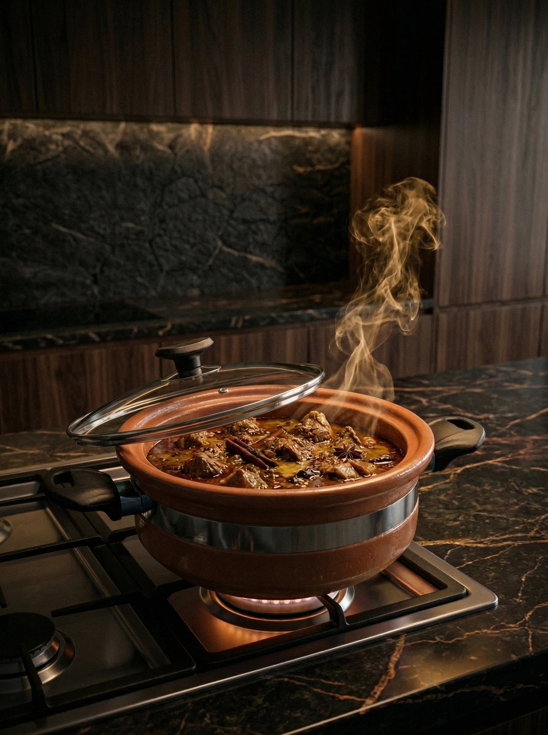 Ceramic pot on a stove with steam rising, set against a dark marble kitchen backdrop.
